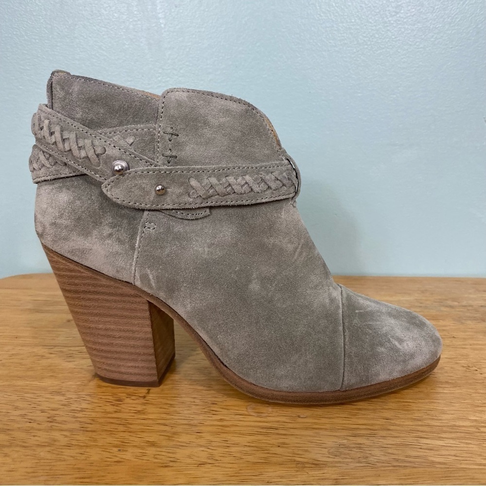 Rag & Bone Harrow Belted Suede Gray Heeled‎ Bootie Leather Sz 7